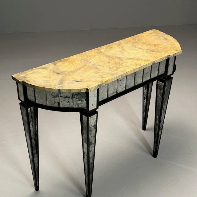 Glass Maison Jansen Style, Directoire, Demilune Console Table, Distressed Mirror For Sale - Image 7 of 8