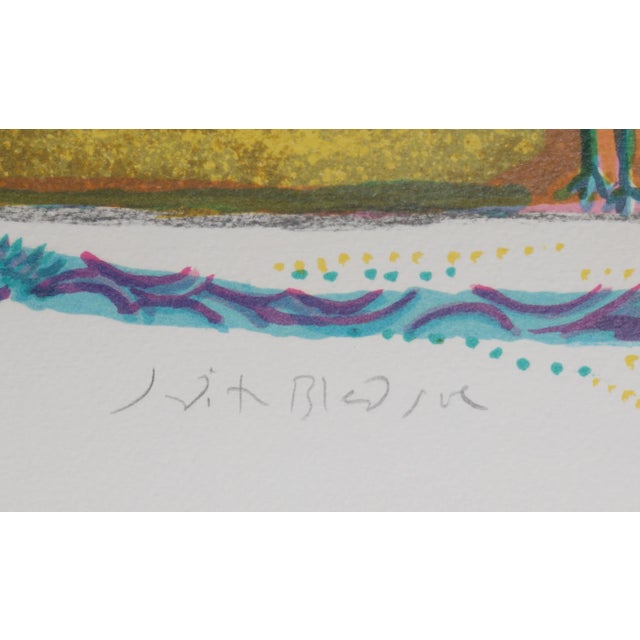 Set before a glistening yellow rectangle, three peacocks show off their ornate plumage while another stands before them,...