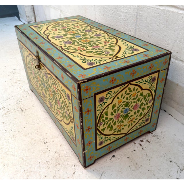 Vintage Hand-Painted Wooden Floral Folk Art Storage Trunk For Sale - Image 11 of 13