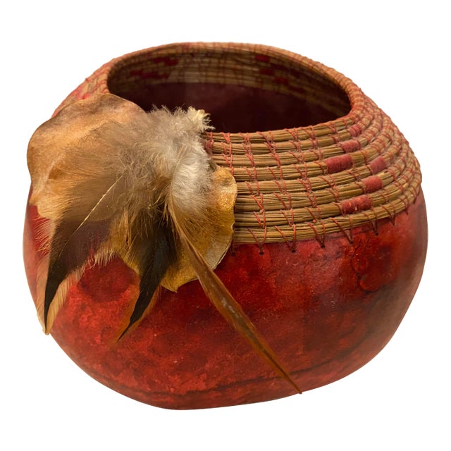 Handmade Native American Style Red Gourd Bowl Embellished For Sale