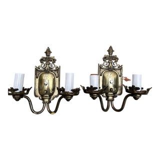 Pair of Vintage Nickel Two Light Wall Sconces For Sale