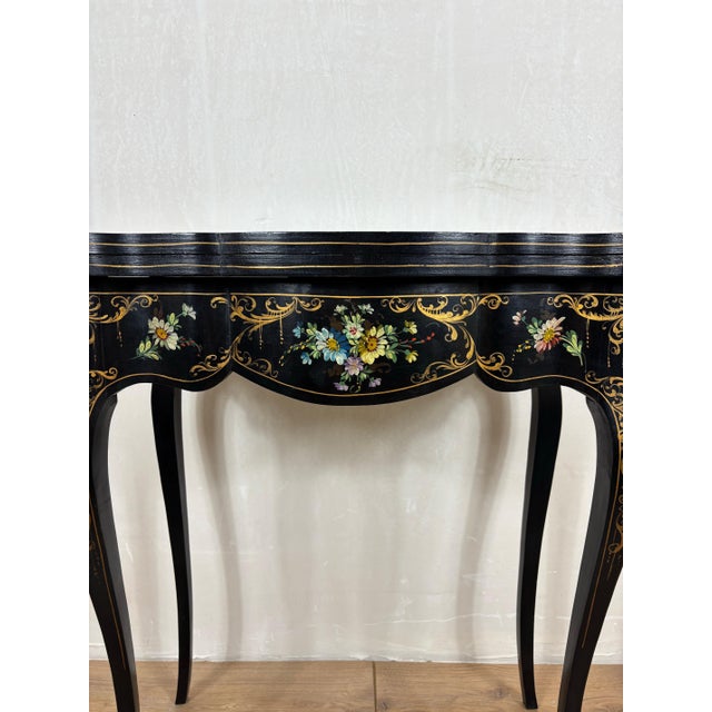 Chinese Black Lacquer Games Table with Hand-Painted Floral Decoration For Sale - Image 9 of 18