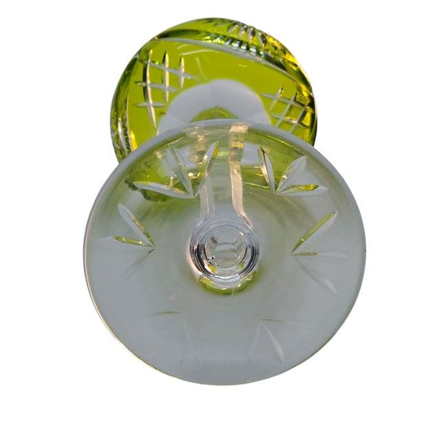 Exquisite Bohemian Bohemian Lime Green Cut to Clear Wine Glass With Fans Floral Design For Sale - Image 9 of 11