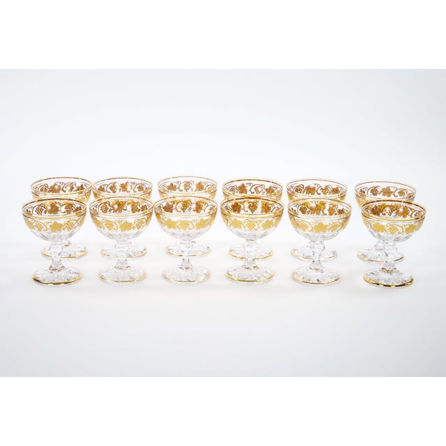 Val Saint Lambert Set of 12 Gilt Gold-Decorated Champagne Coupe Glass Service For Sale - Image 13 of 13