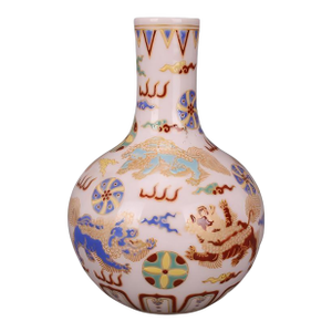 Chinese Vintage Ceramic Vase,Ming Dynasty Chenghua Marked Famille Verte Porcelain Tianqiu Vase Hand Painted Foo Dog Lion Pattern