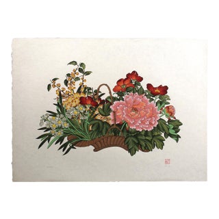 1980s An-Li Han "Flower Basket" Signed Numbered Serigraph, Japon Paper, Floral, Peony For Sale