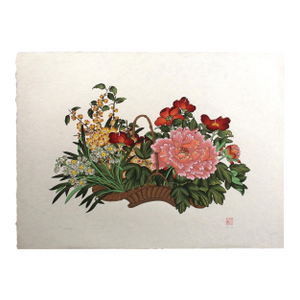 1980s An-Li Han "Flower Basket" Signed Numbered Serigraph, Japon Paper, Floral, Peony