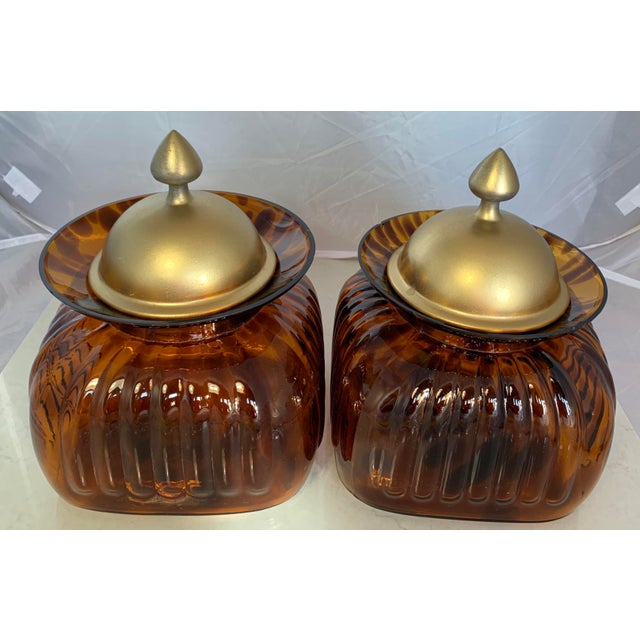 Vintage Fluted Amber Tortoise Pattern Glass And Pewter Lid Canister Jars A Pair Chairish