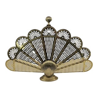 Vintage Brass Peacock Fan Fireplace Screen With Seashell Motif Hollywood Regency For Sale