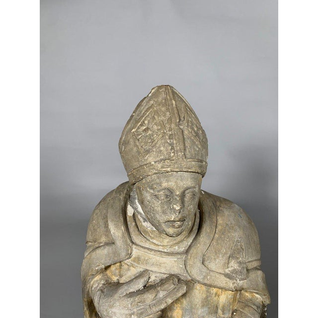 Renaissance 15th Century Limestone Sculpture of a Saintly Bishop - 95 cm - High Period Statue For Sale - Image 3 of 12