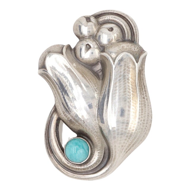 Vintage Georg Jensen Sterling Silver Tulip Brooch No.100b With Amazonite Cabochon For Sale