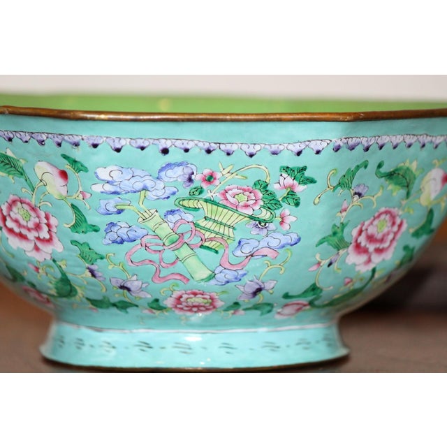 Metal Large 9.5" Antique Octagonal Canton Enamel Cloisonne Bowl For Sale - Image 7 of 8
