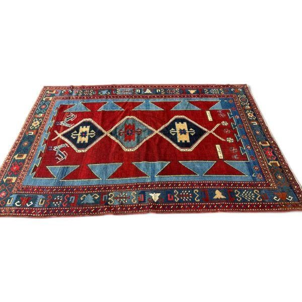 Tribal Antique Kazak Rug – Bold Red, Turquoise & Tribal Geometric Design 5x8 For Sale - Image 3 of 5