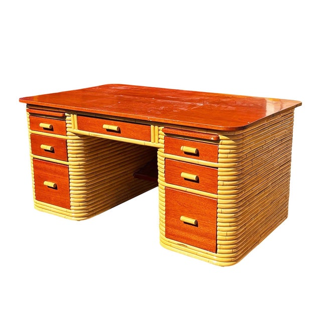 1940s Restored Paul Frankl Style Stacked Rattan & Mahogany Executive Desk W/ Chair For Sale - Image 4 of 4
