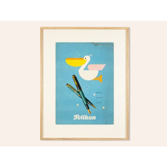 Original pelikan fountain pen advertising sign from 1952. Designed by swiss graphic artist and poster artist herbert...