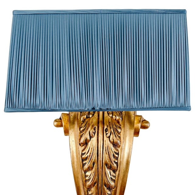 French Grand Scale Parisian Giltwood Corbel Sconces With Blue Pleated Silk Shades - A Pair For Sale - Image 10 of 13