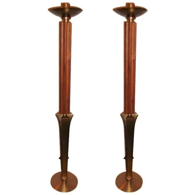 Mid-Century Modern Teak and Brass Standing "Prickets" Candlesticks - a Pair For Sale In New York - Image 6 of 6