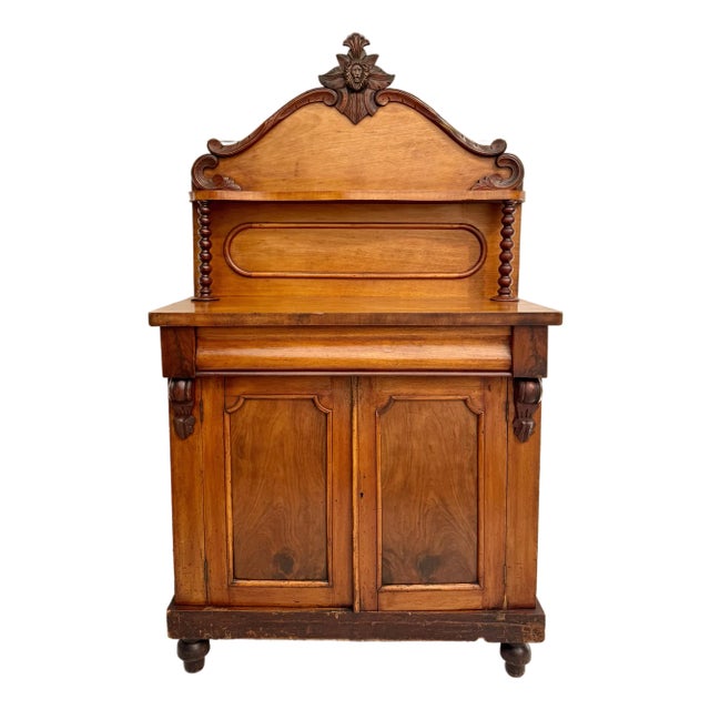 Antique Victorian Walnut Chiffonier Cabinet With Carved Lion Crest, c.1890 For Sale