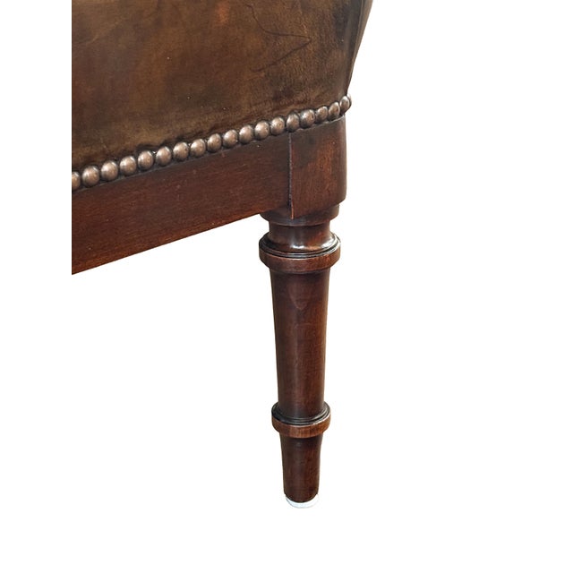 Brown French Leather Ottoman Seat or Stool on Turned Walnut Frame For Sale - Image 8 of 11