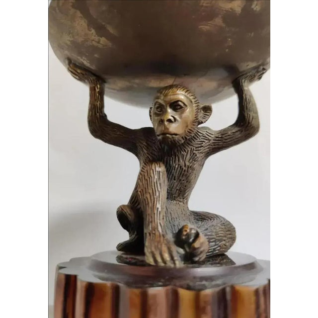 Art Deco Vintage Ornate Tall Fluted Scalloped Brass Candle Torchières With Monkey - A Pair For Sale - Image 3 of 8