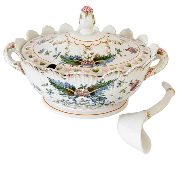 Large Vintage Italian Majolica Porcelain Soup Tureen Set With Platter & Ladle For Sale - Image 4 of 18