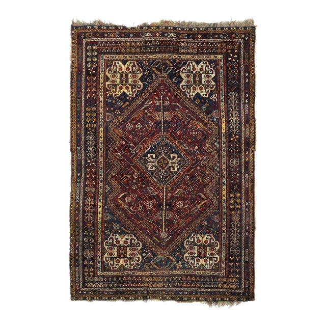 Fine Antique Persian Qashqai Wool Rug 5'0" X 8'2'' For Sale