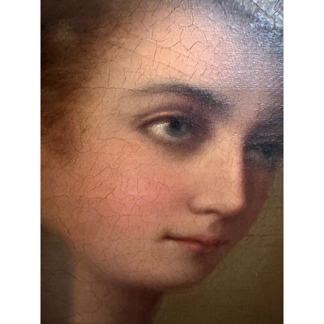Paint Antique 1868 Oil Portrait Young Woman European Lady Gilt Frame 19th Century For Sale - Image 7 of 12
