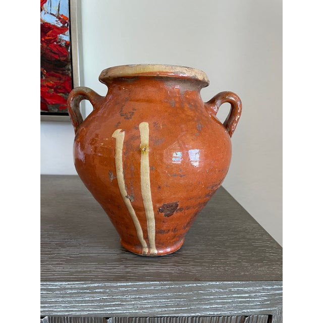 19th Century Two-Handle Terracota Vessel Pot Dark Rust Glaze With Golden Stripes and Rim For Sale - Image 12 of 12