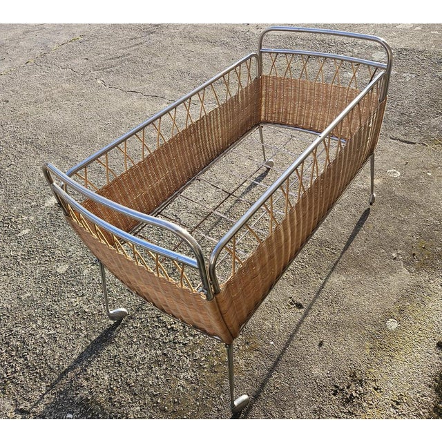 Brown Mid-Century French Childrens Bed in Rattan and Chrome, 1960s For Sale - Image 8 of 18