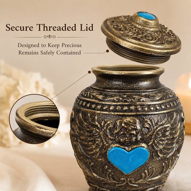 Metal Aura Angel Wings Turquoise Heart Keepsake Cremation Urn Metal Antique Finish For Sale - Image 7 of 10