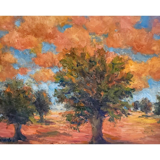 Modern Original Oil Painting Landscape Grove of Trees in Orange Fields For Sale - Image 3 of 4