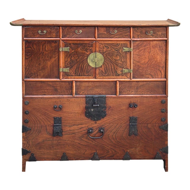 1970s Oriental Brown Brass Hardware Drawers Accent Storage Cabinet For Sale