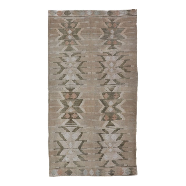 Bold Medallion Design Turkish Flat Weave Kilim Rug With Earthy Tones and Green For Sale