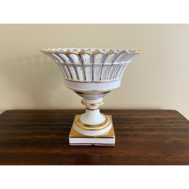 Antique Reticulated Porcelain Basket Compote With Gold Gilt Details For Sale - Image 9 of 10