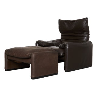 Set of Leather Maralunga Lounge Chair and Ottoman by Vico Magistretti for Cassina, 1980s For Sale