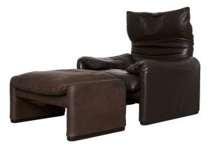 Set of Leather Maralunga Lounge Chair and Ottoman by Vico Magistretti for Cassina, 1980s