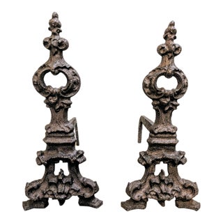 Antique 19th-Century Rococo Revival Cast Iron Andirons - Decorative Pair For Sale