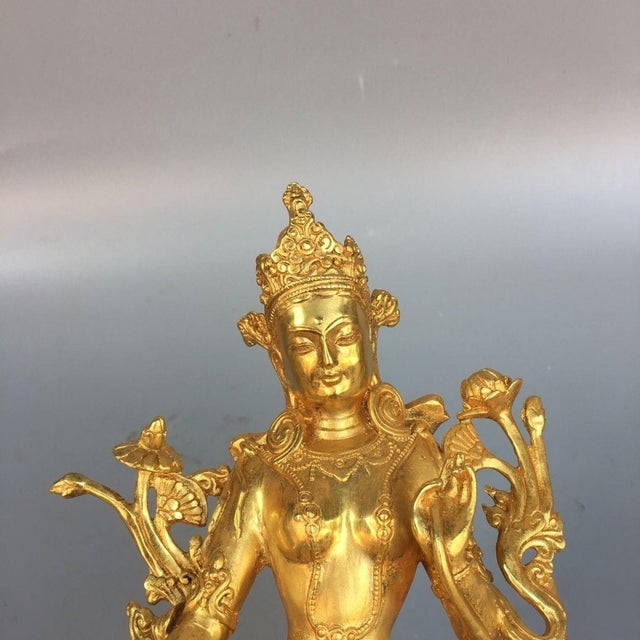 Bronze Late 20th Century Gilt Bronze Green Tara Statue, Tibetan Buddhist Figure, 900g For Sale - Image 8 of 9