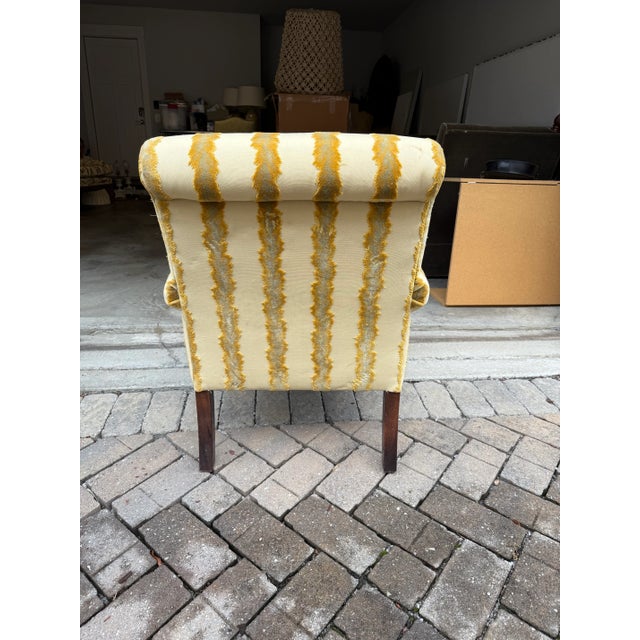 Beautiful side chair in cream fabric with leaflike velvet stripes in pale green outlined in golden yellow outline. Chair...