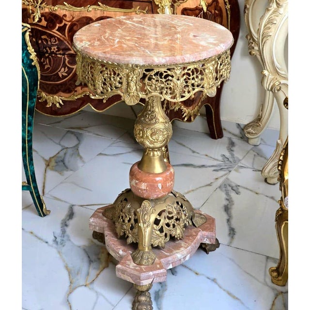 Victorian Bronze Pedestal Side Table With Marble Top & Hand-Gilded Ornate Details For Sale - Image 3 of 3