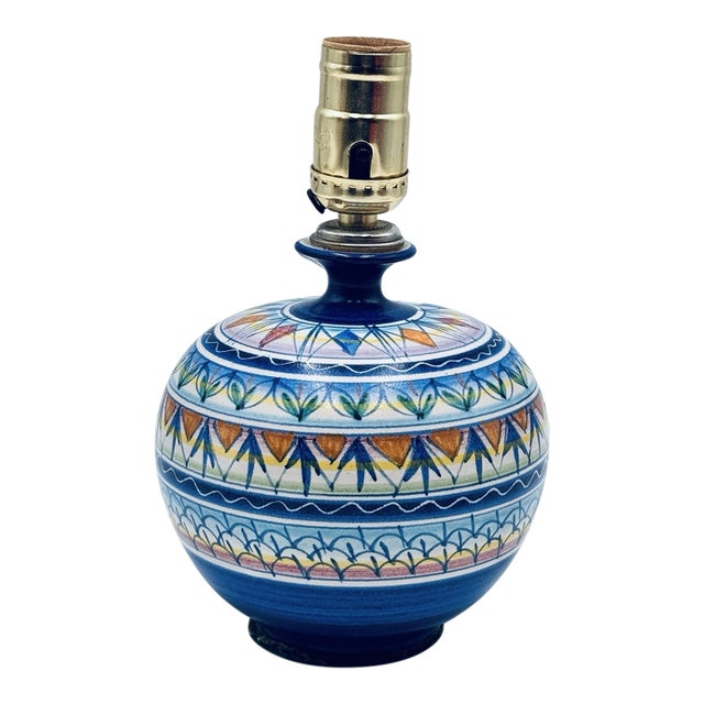 Vintage ItalianMid-Century Modern Vietri Italy D’Amore Blue Geometric Ceramic Vase Table Lamp For Sale