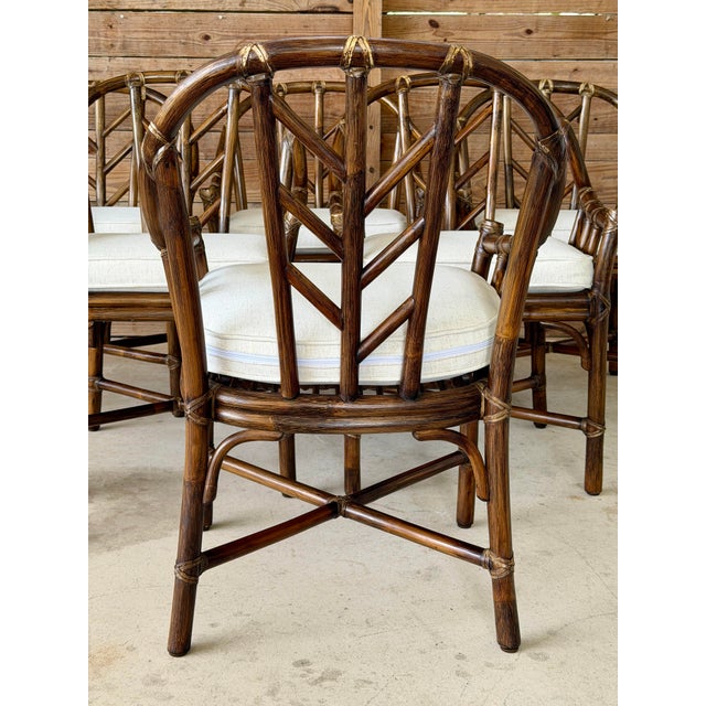 Mid-Century Modern Vintage McGuire M-74 “Arrow Back” Rattan Dining Arm Chairs by Elinor McGuire, Set of Six For Sale - Image 3 of 12
