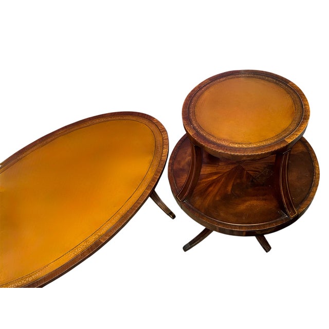 Maitland-Smith British Colonial Style Mahogany & Tooled Leather Table Set, a Complete Set of 3 For Sale - Image 10 of 13