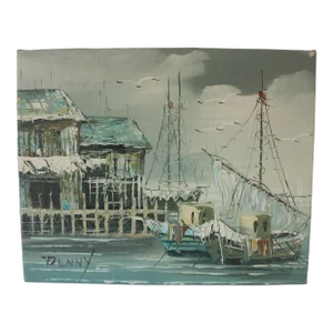 Signed Vintage Oil Painting on Stretched Canvas Boats Harbour Marina