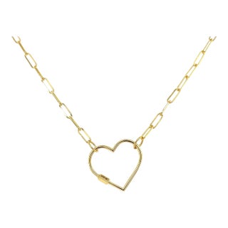 14Kt Real Gold Heart Charm Necklace With Paper Clip Chain For Sale