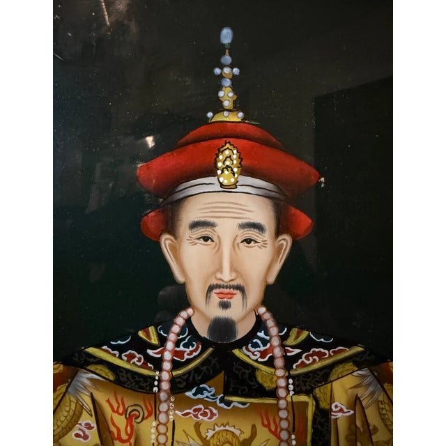 Vintage Original Chinese Reverse Painted Glass Painting Emperor Kangxi Art For Sale - Image 9 of 11