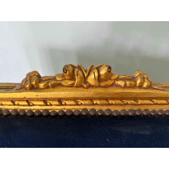 Mid 20th Century French Louis XVI Style Giltwood & Navy Embroidered Velvet Fauteuils- Pair For Sale - Image 6 of 18