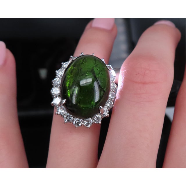 Late 20th Century Massive 26.18ct Green Tourmaline 1.83ct Diamond 18k White Gold Ring Size 4.75 For Sale - Image 9 of 18