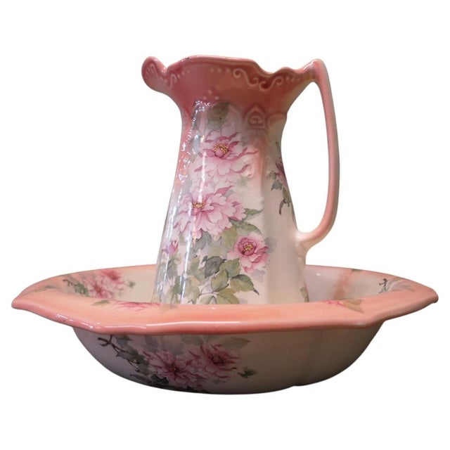 Ironstone Pitcher and Bowl with Hand-Painted Pink Roses, 1920, Set of 2 For Sale - Image 9 of 9