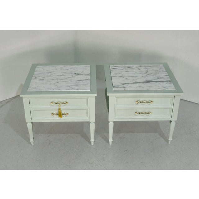These fabulous Mid Century Transitional Marble Top Nightstands are beautifully refurbished. Each solid wood side table has...